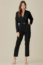 Load image into Gallery viewer, Belted Waist Collared Satin Jumpsuit
