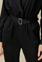Load image into Gallery viewer, Belted Waist Collared Satin Jumpsuit
