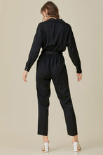 Load image into Gallery viewer, Belted Waist Collared Satin Jumpsuit