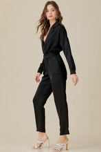 Load image into Gallery viewer, Belted Waist Collared Satin Jumpsuit