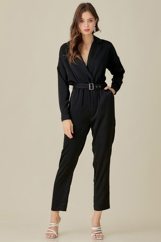 Belted Waist Collared Satin Jumpsuit