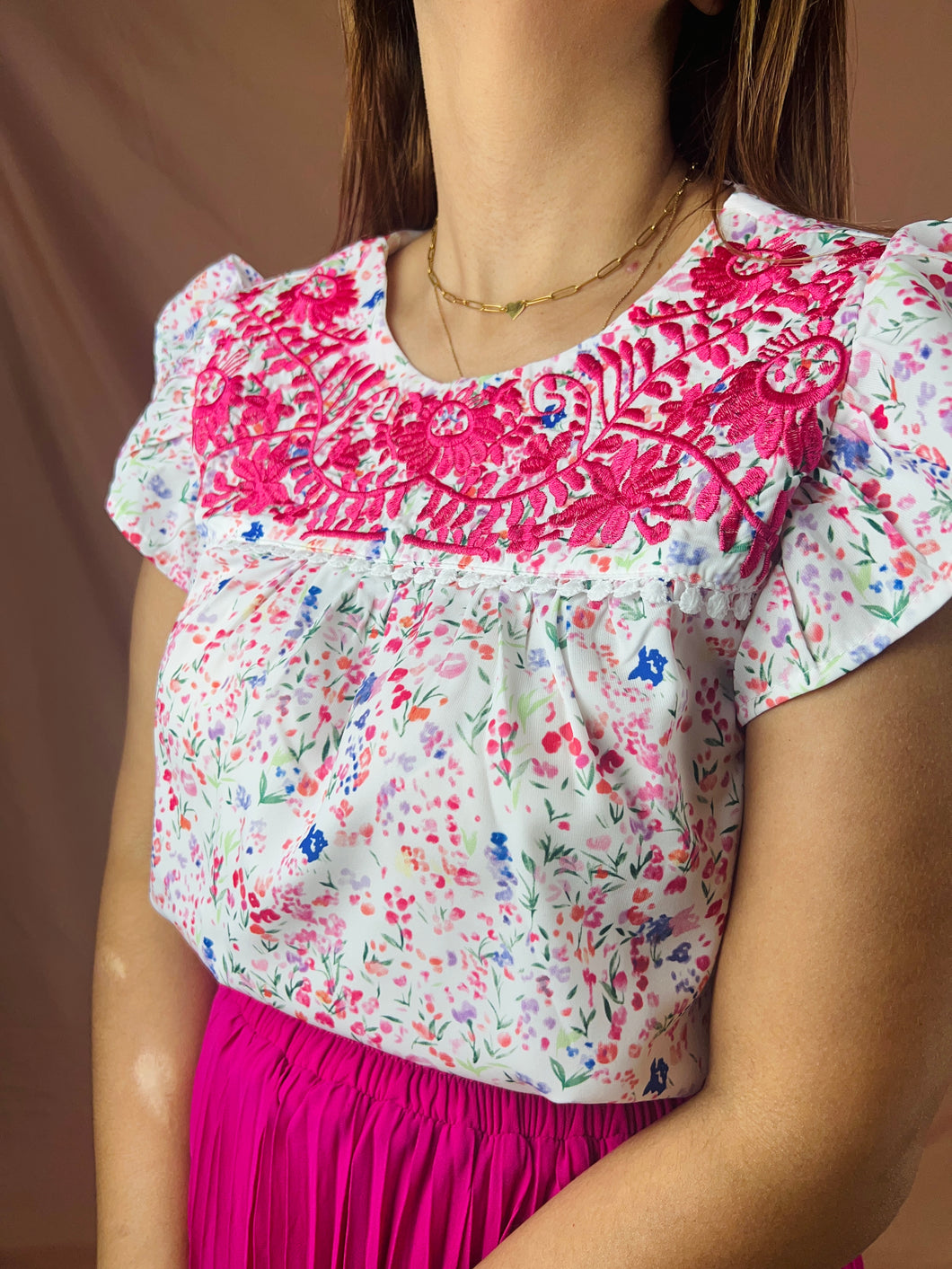 Pink floral embroidered top