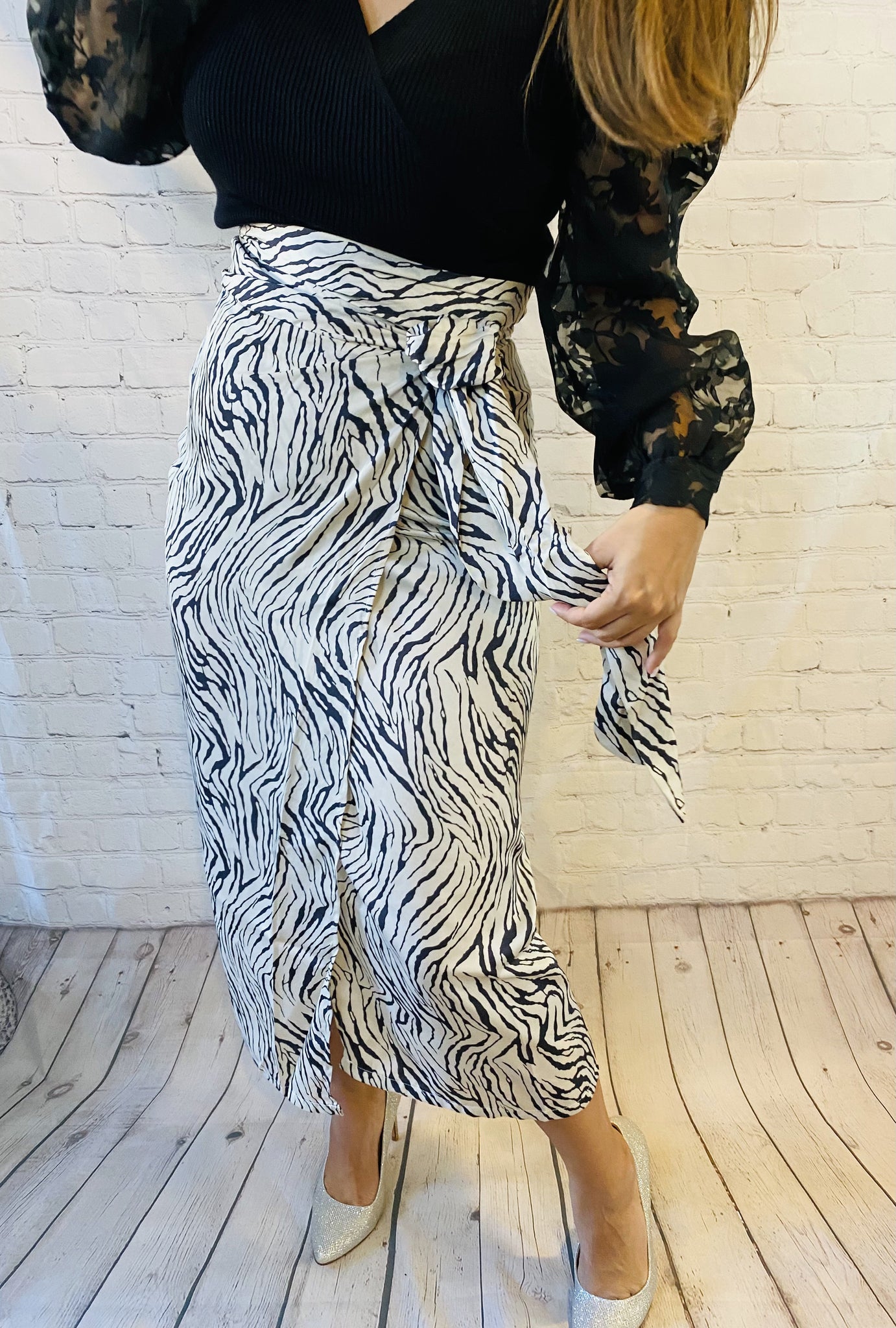 Zebra print wrap outlet midi skirt