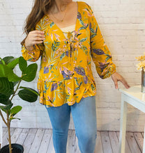Load image into Gallery viewer, Long sleeve floral mustard top
